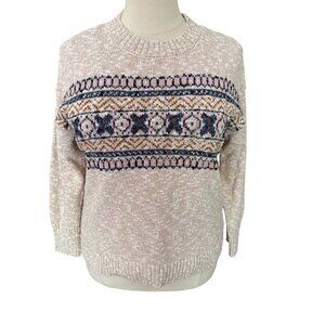 L.L.Bean Size 1X Plus Beige Blue Fair Isle Chunky Knit Cotton Ragg Crew Sweater